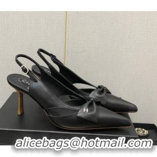 New Design Chanel Calfskin Slingback Pumps 7cm with Bow Black 020734