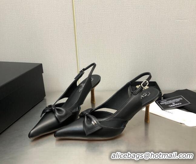 New Design Chanel Calfskin Slingback Pumps 7cm with Bow Black 020734