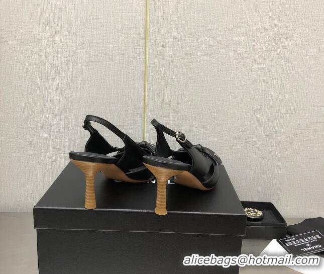 New Design Chanel Calfskin Slingback Pumps 7cm with Bow Black 020734