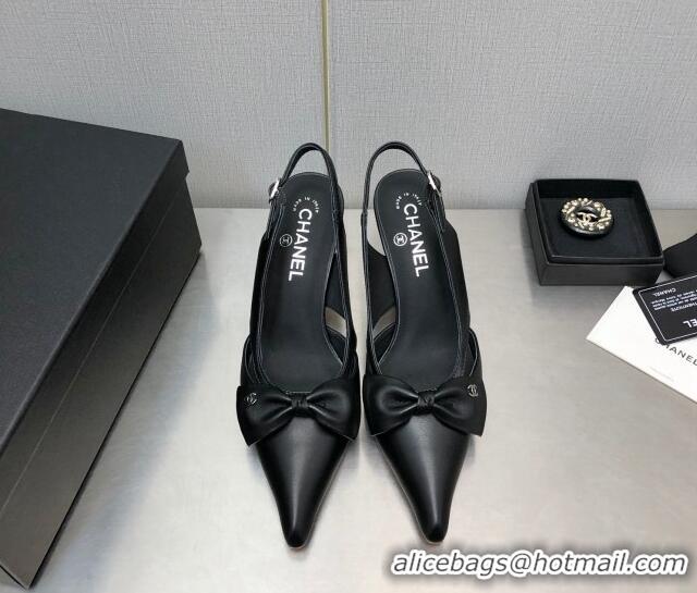 New Design Chanel Calfskin Slingback Pumps 7cm with Bow Black 020734