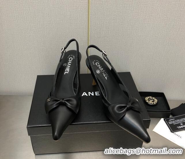 New Design Chanel Calfskin Slingback Pumps 7cm with Bow Black 020734