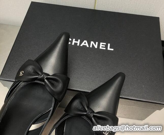 New Design Chanel Calfskin Slingback Pumps 7cm with Bow Black 020734