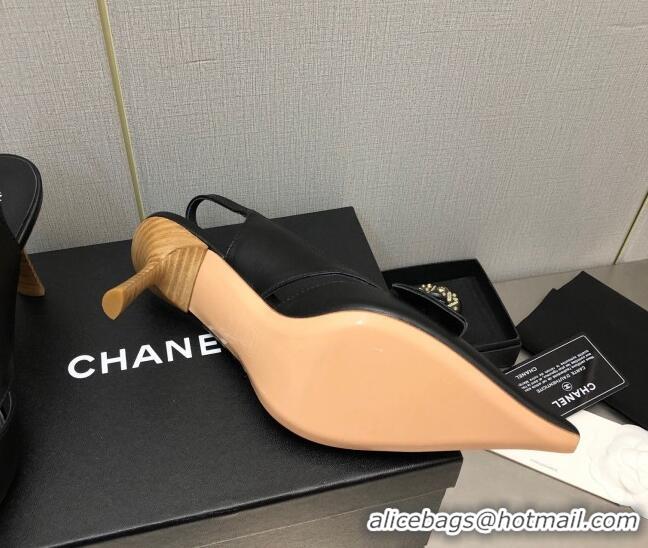 New Design Chanel Calfskin Slingback Pumps 7cm with Bow Black 020734