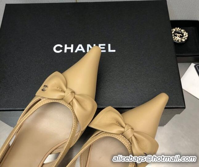 Best Price Chanel Calfskin Slingback Pumps 7cm with Bow Beige 020735