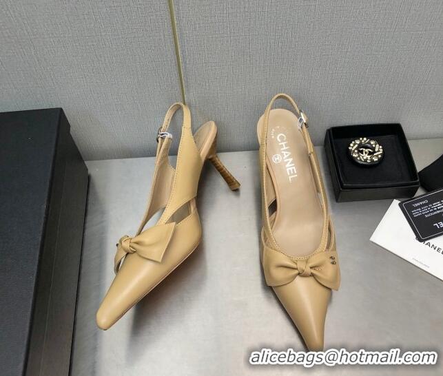 Best Price Chanel Calfskin Slingback Pumps 7cm with Bow Beige 020735