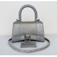 Famous Brand Balenciaga WOMENS HOURGLASS XS HANDBAG IN SPARKLING FABRIC 592833 IN SILVER