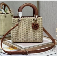 Cheapest MEDIUM LADY DIOR BAG Natural Wicker and Brown Lizard skin M0565