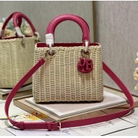 Stylish Promotional MEDIUM LADY DIOR BAG Natural Wicker and pink Lizard skin M0565