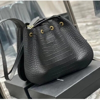 Buy Fashionable SAINT LAUREN PARIS VII LARGE FLAT HOBO BAG IN CROCODILE-EMBOSSED LEATHER 697941 black