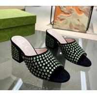 Charming Gucci Crystal Dotted Suede Medium Heel Slide Sandals 6.5cm Green 120264