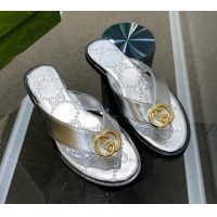 Perfect Gucci Metallic Leather Flat Thong Sandals Silver 120269