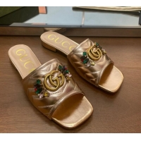 Good Product Gucci Calfskin Flat Slide Sandals with Crystal Charm Gold 122369