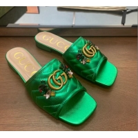 Unique Style Gucci Calfskin Flat Slide Sandals with Crystal Charm Green 122371