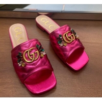 Trendy Design Gucci Calfskin Flat Slide Sandals with Crystal Charm Pink 122372