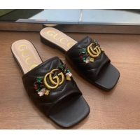 Popular Style Gucci Calfskin Flat Slide Sandals with Crystal Charm Black 122373