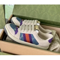 Discount Gucci Screener Sneaker in Beige Leather and Blue GG Canvas 122378