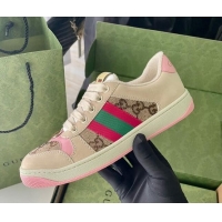 Pretty Style Gucci Screener Sneaker with Crystals in Beige Leather and GG Canvas Pink 122379