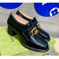 Good Looking Gucci Leather Loafer Pumps 5cm with Interlocking G Black 719846