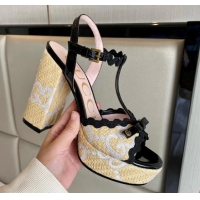 Luxury Gucci Wave Raffia and Patent Leather Platform Sandals with Bow 12cm Black 12261142