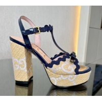 Best Product Gucci Wave Raffia and Patent Leather Platform Sandals with Bow 12cm Dark Blue 2261144