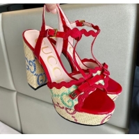 Low Cost Gucci Wave Raffia and Patent Leather Platform Sandals with Bow 12cm Chinese Red 261145