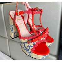 Most Popular Gucci Wave Raffia and Patent Leather Platform Sandals with Bow 12cm Bright Red 261147