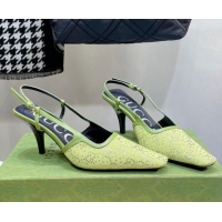 Shop Duplicate Gucci Fabric Medium Heel Slingback Pumps with Crystal GG 7.5cm Green 122919