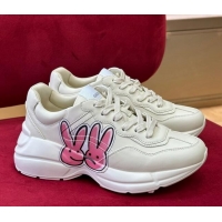 Grade Quality Gucci Rhyton Leather Sneakers White/Pink 2023 Year of the Rabbit 012972