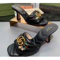 Durable Gucci Calfskin Heel Slide Sandals with Crystal Charm 7.5cm Black 013001