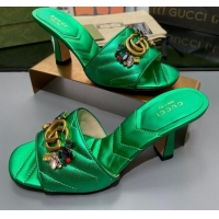 Best Grade Gucci Calfskin Heel Slide Sandals with Crystal Charm 7.5cm Green 013002