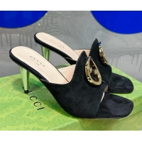 Top Grade Gucci Blondie Suede Heel Slide Sandals with Interlocking G 7.5cm Black 013006