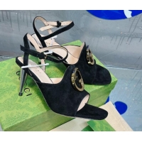 Discount Fashion Gucci Blondie Suede Heeled Sandals with Interlocking G 7.5cm Black 013012