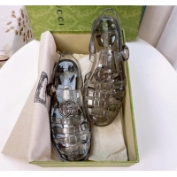 Good Product Gucci Transparent Rubber PVC Strap Flat Sandals Grey 201051