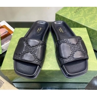 Top Grade Gucci GG Lambskin Flat Slide Sandals Black 020814