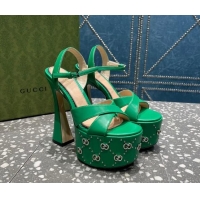 Good Looking Gucci Leather Interlocking G Studs Platform Sandal 15.5cm Green 020820