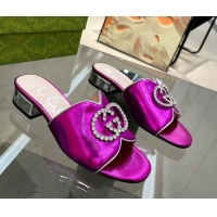 Unique Style Gucci Metallic Leather Heel Slide Sandals 2cm with Crystal Interlocking G Purple 0209100