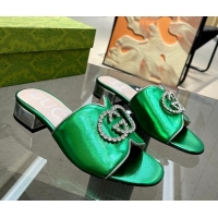 Low Price Gucci Metallic Leather Heel Slide Sandals 2cm with Crystal Interlocking G Green 0209102