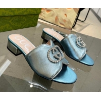 Purchase Gucci Metallic Leather Heel Slide Sandals 2cm with Crystal Interlocking G Blue 0209104