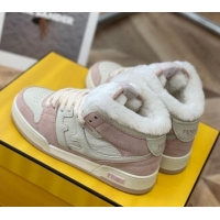 Discount Fendi Match Shearling High-top Sneakers in Grained Leather and Suede White/Pink 120189