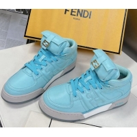 Luxury Fendi Match High Top Sneakers with Pocket in Turquoise Blue Nylon 122845