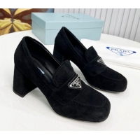 Unique Style Prada Suede Medium Heel Loafers 7.5cm Black 113076