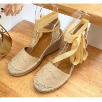 Popular Style Prada Canvas Wedge Espadrilles with Laces Beige 122406