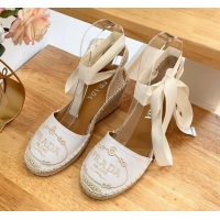 Unique Style Prada Canvas Wedge Espadrilles with Laces White 122407