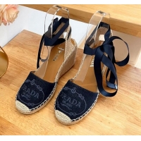 Purchase Prada Canvas Wedge Espadrilles with Laces Blue 122409