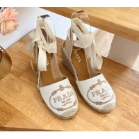 Good Looking Prada Leather Wedge Espadrilles with Laces White 122412