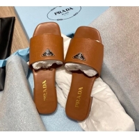 Luxury Prada Saffiano Leather Flat Slide Sandals Brown 122415