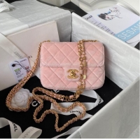 Famous Brand Chanel 22 FLAP BAG Velvet & Gold-Tone Metal AS3442 pink