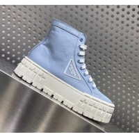 Top Grade Prada Double Wheel Nylon Gabardine High top Sneakers Blue 122962