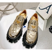 AAAAA Prada Metallic Leather Monolith Loafers Gold 020945