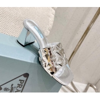 Best Quality Prada Metallic Leather Heel Slide Sandals 5cm with Triangle Charm Silver 020947